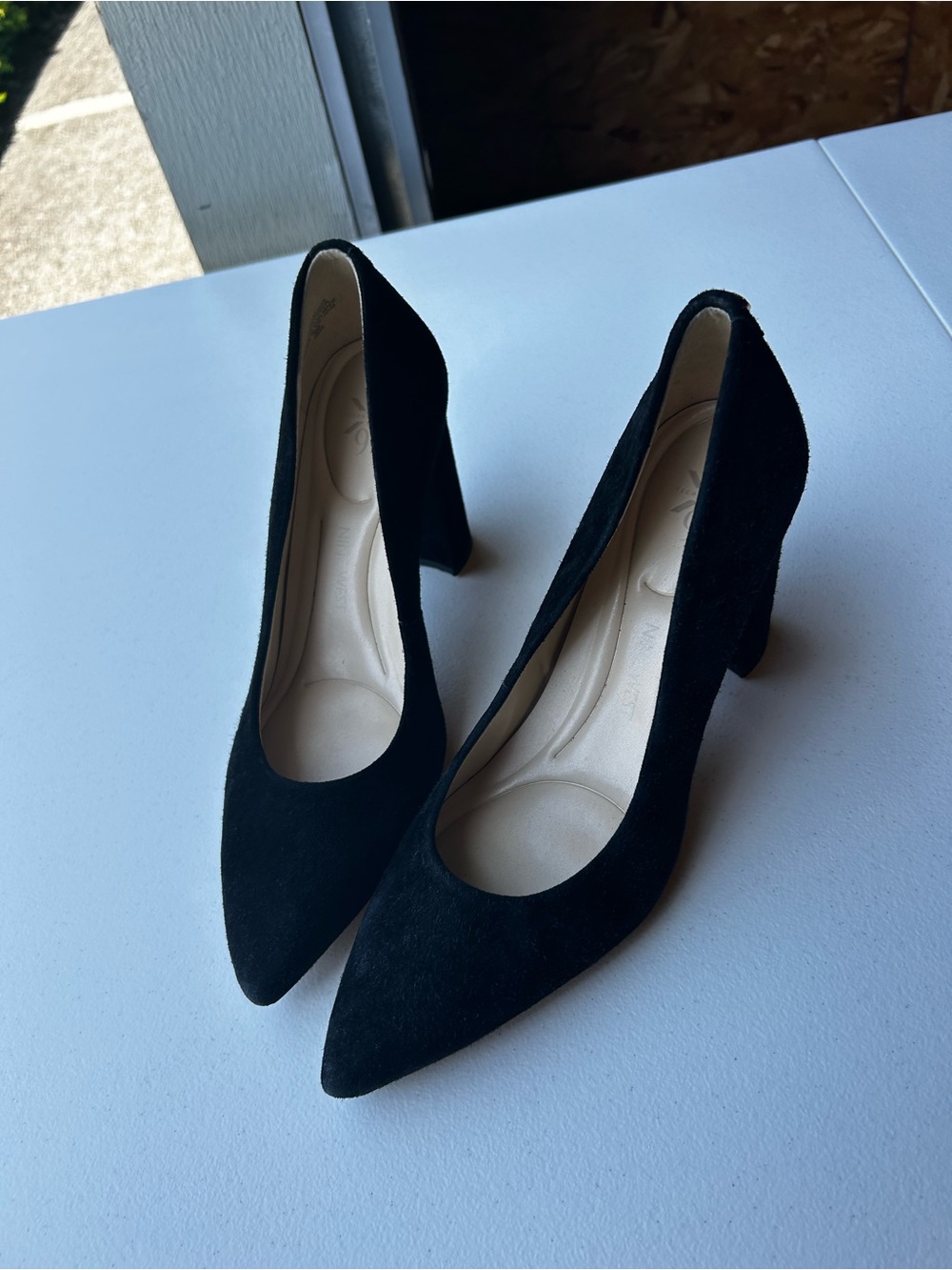 Nine West Black Suede Pointed-Toe Block Heel Pumps